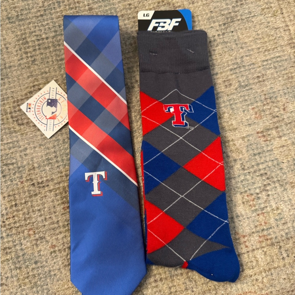 Men's Texas Rangers Blue and Red Argyle Socks and matching Tie